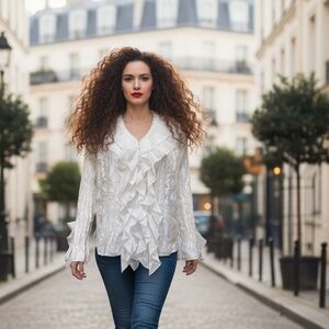 Vintage White Burnout Bamboo Ruffle Blouse | Size L Petite